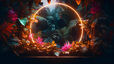 Yellow Neon Circle surrounded by Tropical Leaves. Exotic backdrop with copy spaceの素材
