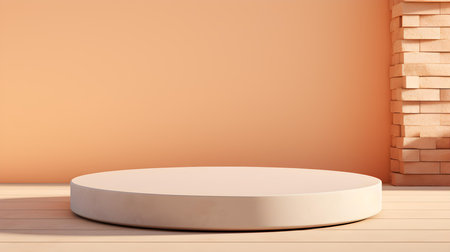 Round stone podium in front of a light orange studio background. White Pedestal for Product Presentationの素材