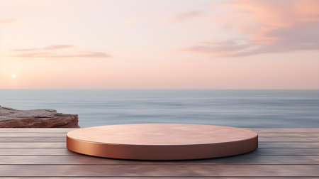 Round Stone Podium in rose gold Colors in front of a blurred Seascape. Luxury backdrop for product presentationの素材