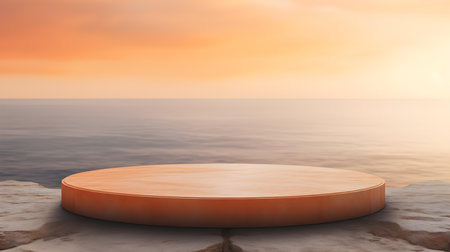 Round Stone Podium in light orange colors in front of a blurred seascape. Luxury backdrop for product presentationの素材