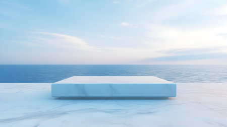 Square Marble Podium in sky blue Colors in front of a blurred Seascape. Luxury backdrop for product presentationの素材