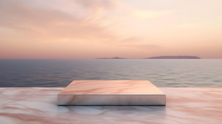 Square Marble Podium in rose gold Colors in front of a blurred Seascape. Luxury backdrop for product presentationの素材