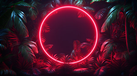 Red Neon Circle surrounded by Tropical Leaves. Exotic backdrop with copy spaceの素材