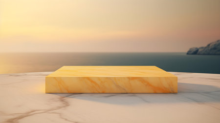 Square Marble Podium in yellow Colors in front of a blurred Seascape. Luxury backdrop for product presentationの素材
