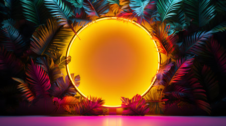 Yellow Neon Circle surrounded by Tropical Leaves. Exotic backdrop with copy spaceの素材