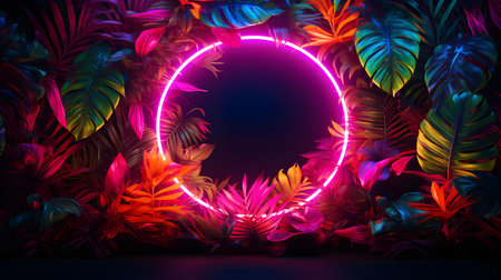 Magenta Neon Circle surrounded by Tropical Leaves. Exotic backdrop with copy spaceの素材