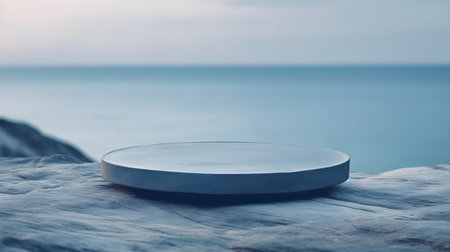 Round Stone Podium in navy blue Colors in front of a blurred Seascape. Luxury backdrop for product presentationの素材
