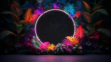White Neon Circle surrounded by Tropical Leaves. Exotic backdrop with copy spaceの素材