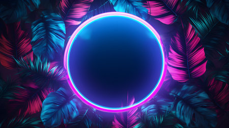 Purple Neon Circle surrounded by Tropical Leaves. Exotic backdrop with copy spaceの素材