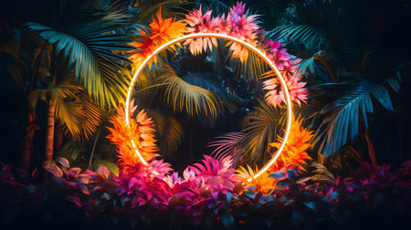 Yellow Neon Circle surrounded by Tropical Leaves. Exotic backdrop with copy spaceの素材