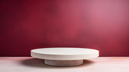 Round Stone Podium in front of a ruby Studio Background. White Pedestal for Product Presentationの素材