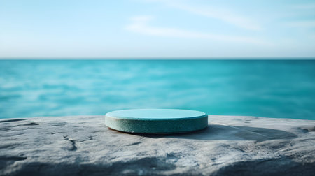 Round Stone Podium in turquoise Colors in front of a blurred Seascape. Luxury backdrop for product presentationの素材