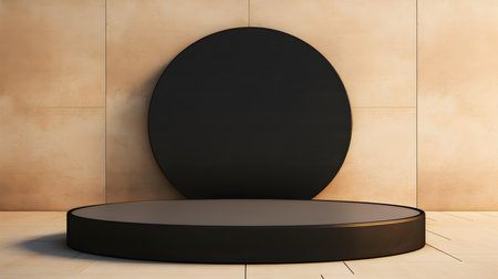 Round Stone Podium in front of a beige Studio Background. Black Pedestal for Product Presentationの素材