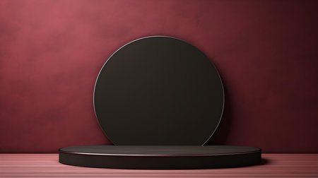 Round stone podium in front of a burgundy studio background. Black Pedestal for Product Presentationの素材