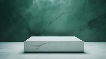 Square Stone Podium in front of an emerald Studio Background. White Pedestal for Product Presentationの素材