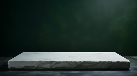 Square Stone Podium in front of a dark green Studio Background. White Pedestal for Product Presentationの素材