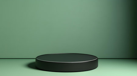Round stone podium in front of a light green studio background. Black Pedestal for Product Presentationの素材