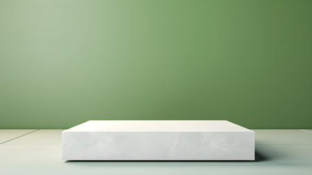 Square Stone Podium in front of a light green Studio Background. White Pedestal for Product Presentationの素材