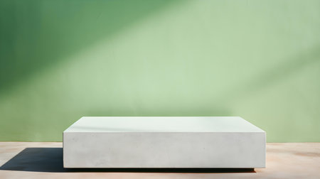 Square Stone Podium in front of a light green Studio Background. White Pedestal for Product Presentationの素材