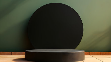 Round stone podium in front of a khaki studio background. Black Pedestal for Product Presentationの素材
