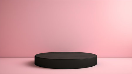 Round stone podium in front of a light pink studio background. Black Pedestal for Product Presentationの素材
