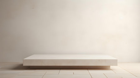 Square Stone Podium in front of an ivory Studio Background. White Pedestal for Product Presentationの素材