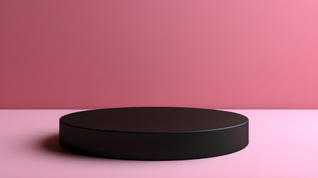 Round stone podium in front of a pink studio background. Black Pedestal for Product Presentationの素材
