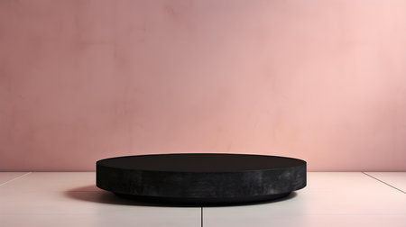 Round stone podium in front of a light pink studio background. Black Pedestal for Product Presentationの素材