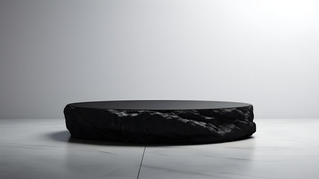 Round stone podium in front of a white studio background. Black Pedestal for Product Presentationの素材
