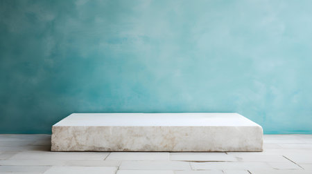 Square Stone Podium in front of a turquoise Studio Background. White Pedestal for Product Presentationの素材