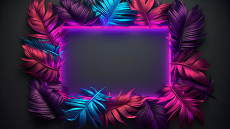 Purple Neon Square surrounded by Tropical Leaves. Exotic backdrop with copy spaceの素材
