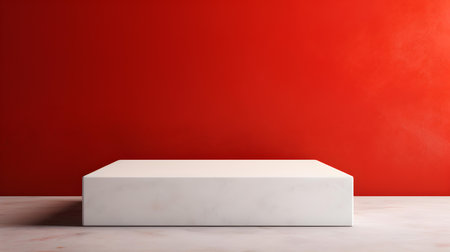 Square Stone Podium in front of a red Studio Background. White Pedestal for Product Presentationの素材