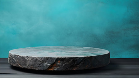 Round stone podium in front of a turquoise studio background. Black Pedestal for Product Presentationの素材