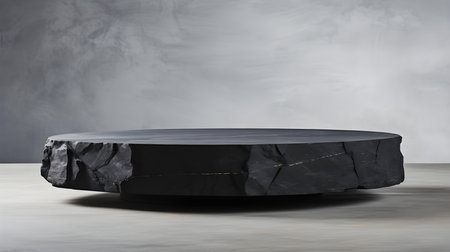 Round stone podium in front of a white studio background. Black Pedestal for Product Presentationの素材