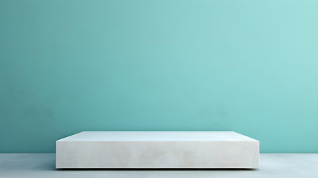 Square Stone Podium in front of a turquoise Studio Background. White Pedestal for Product Presentationの素材