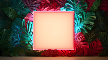 White Neon Square surrounded by Tropical Leaves. Exotic backdrop with copy spaceの素材