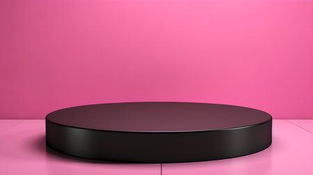 Round stone podium in front of a pink studio background. Black Pedestal for Product Presentationの素材