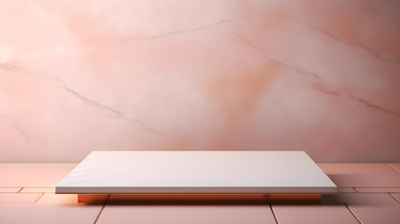 Square Stone Podium in front of a rose gold Studio Background. White Pedestal for Product Presentationの素材