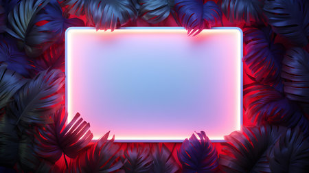 White Neon Square surrounded by Tropical Leaves. Exotic backdrop with copy spaceの素材