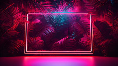 Red Neon Square surrounded by Tropical Leaves. Exotic backdrop with copy spaceの素材