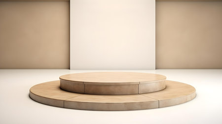 Luxury Studio Background for Product Presentation. Light Marble Showroom with a round beige podiumの素材