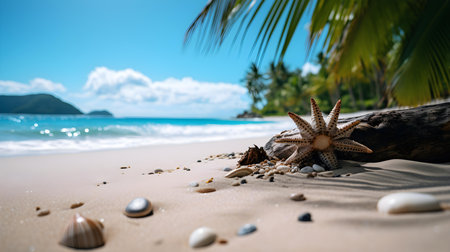 Close up of a starfish on a tropical beach. Beautiful vacation backgroundの素材