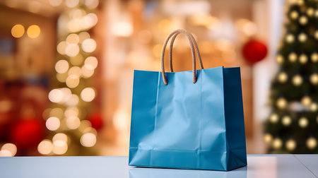 Close up of a blue shopping bag in front of a blurred festive background. Template for sales and auctionsの素材