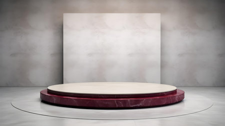 Luxury Studio Background for Product Presentation. Light marble showroom with a round burgundy podiumの素材