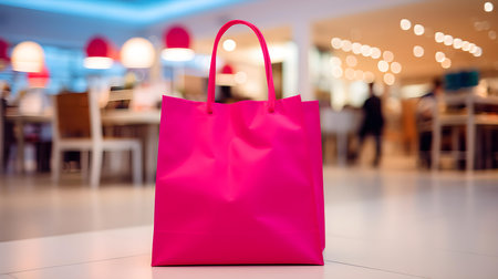 Hot Pink Shopping Bag in front of a blurred Mall Background. Template for sales and auctionsの素材