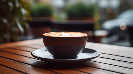 Close up of a cup of coffee on a wooden table. Balcony viewの素材