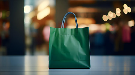 Dark Green Shopping Bag in front of a blurred Mall Background. Template for sales and auctionsの素材