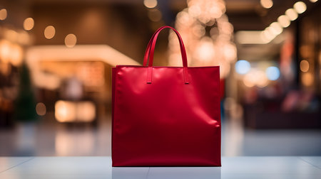 Dark Red Shopping Bag in front of a blurred Mall Background. Template for sales and auctionsの素材