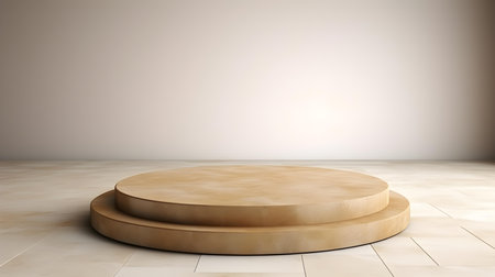 Luxury Studio Background for Product Presentation. Light Marble Showroom with a round khaki podiumの素材