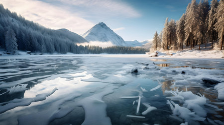 Close up of a frozen lake in the mountains. Beautiful natural backgroundの素材